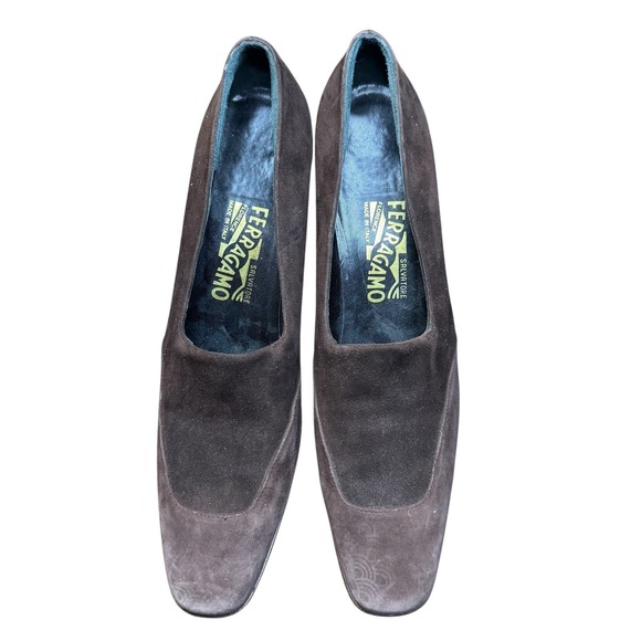 Salvatore Ferragamo Shoes - Salvatore Ferragamo Shoes Womens Size 7.5 4A Brown Suede Square Toe Pumps Italy